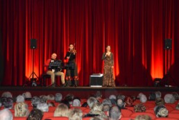 Widownia i scena. Na scenie troje ludzi. Mężczyzna siedzi i gra na akordeonie. Kobieta stoi i gra na skrzypcach. Kobieta śpiewa.